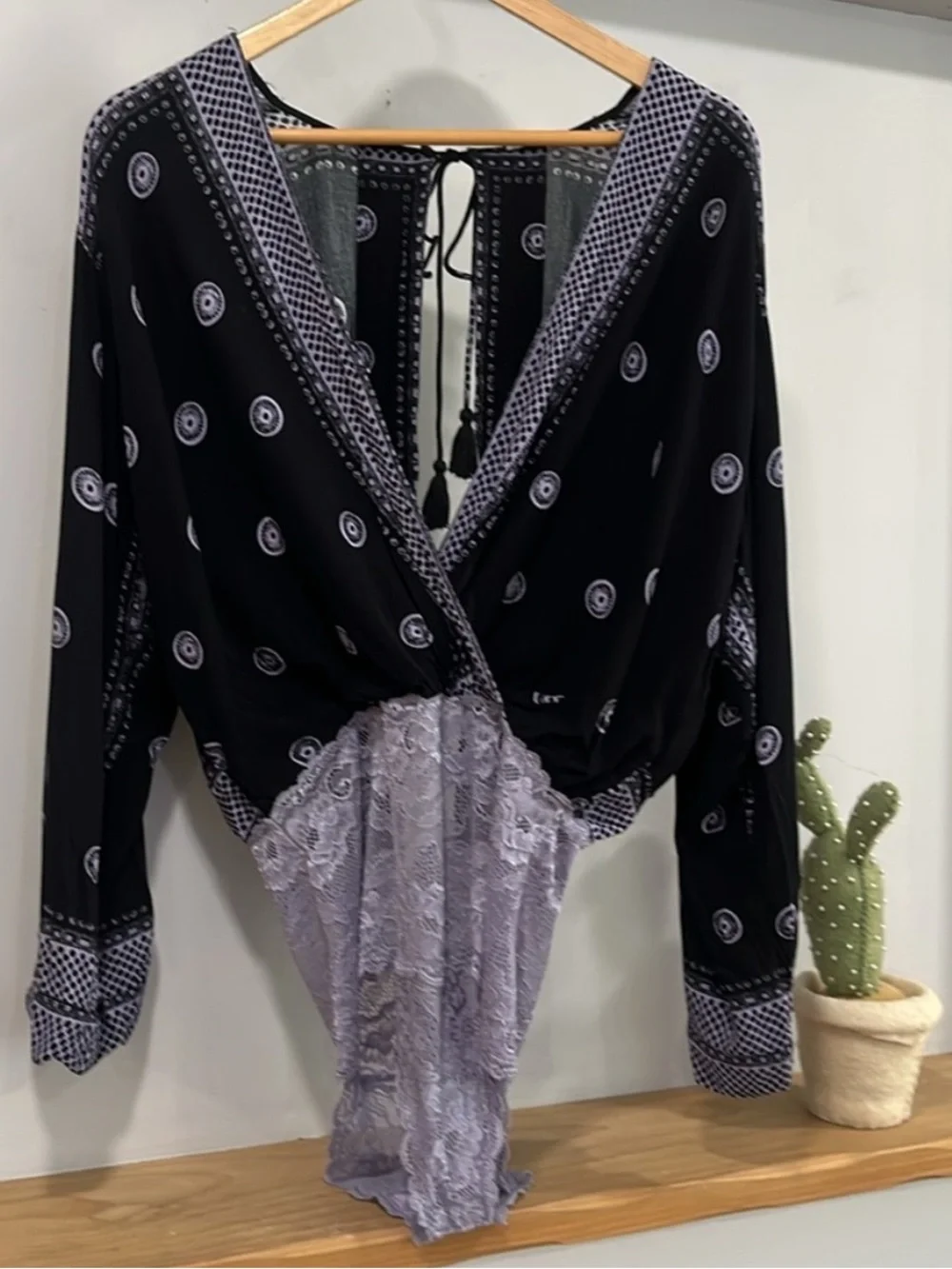 Free People Black Purple On Board Long Sleeve Bodysuit, Size M